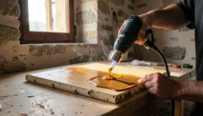 Warm encaustic painting studio on a Greek island, intimate and close, Mediterran
