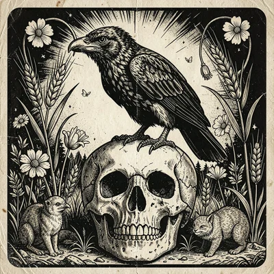 Craft beer label illustration, Raven perched on skull with barley , brewery labe