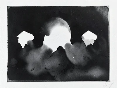 Monoprint with stencil resist, cut paper shapes blocked ink creating sharp white