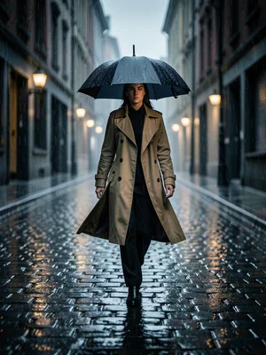 Person in a trench coat walking through rain, umbrella, cobblestone street, cine