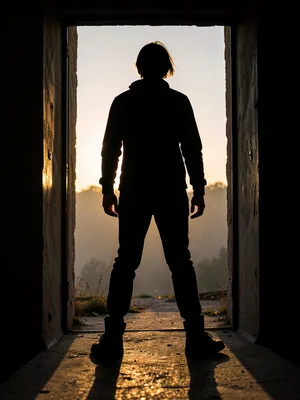 Someone standing in a doorway with brutal backlight, one foot in one foot out, t