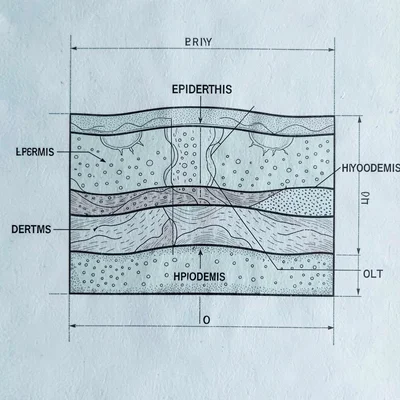 Blueprint diagram of skin layers (epidermis, dermis, hypodermis), calm pale-blue