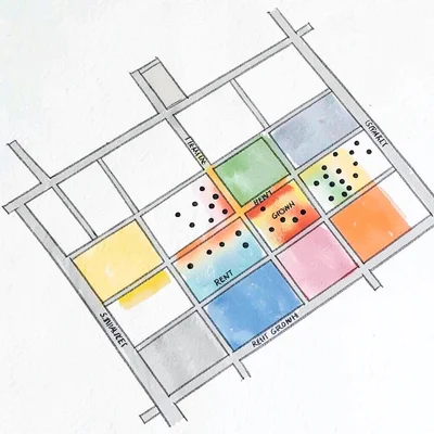 illustrated submarket map with rent growth heat zones and dots