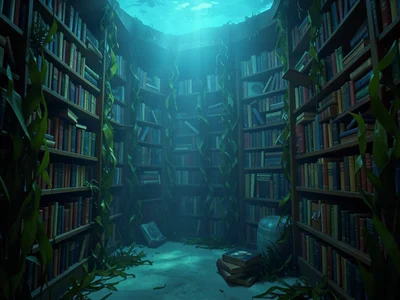 Library with floating books, underwater, kelp growing between shelves