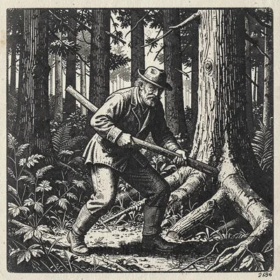 A woodcutter in a dense forest