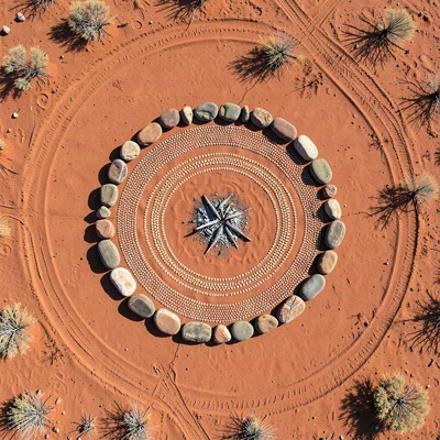 Desert campfire circle of stones on red sand from above, ash at center