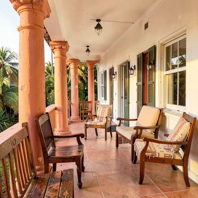 Chattel house colors in Barbados afternoon light, Plantation great house veranda