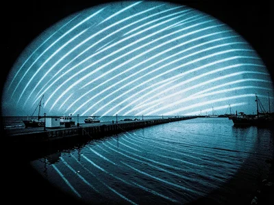 A harbor jetty — parallel sun arcs reflected in dark water, sky densely traced