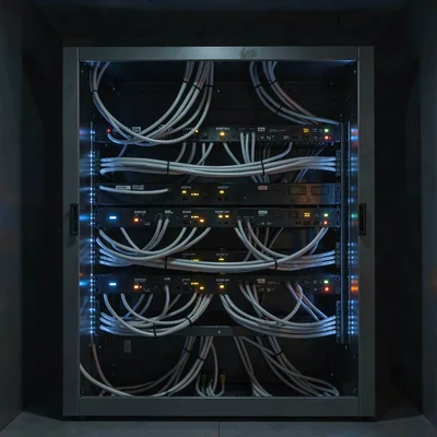 Stark Baltic minimalism, contemplative mood, Server rack in dark room illuminate