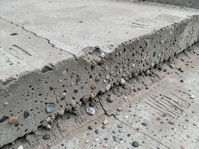 Concrete stair edge erosion, years of footsteps wearing through surface layer to