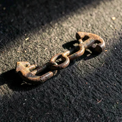 weathered iron anchor chain link on dark felt, raking sidelight