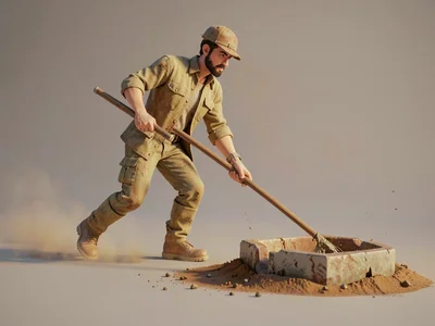 A water-finder mid-stride leans hard against a long pole probing the ground for