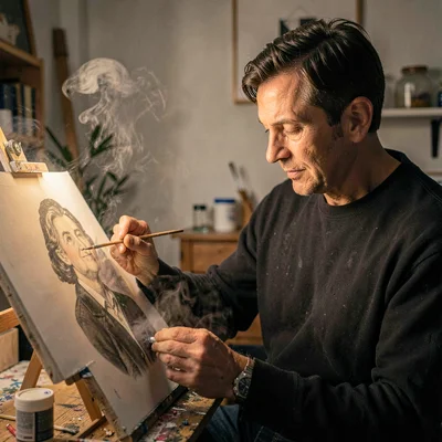 Lamp-lit portrait of an artist sealing a finished portrait with fixative, soft m