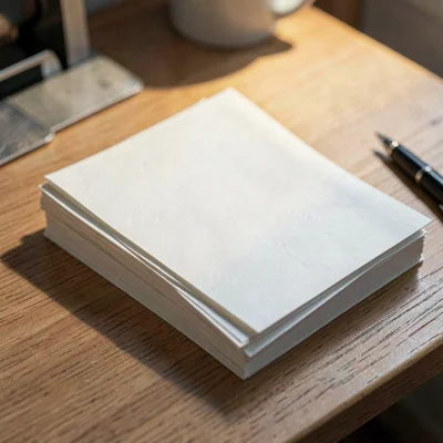 papercraft still-life of a stack of folded blank manuscript pages on a wooden de