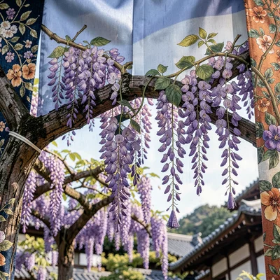 Through the textile eye of Kyoto, woven and dyed, Wisteria hanging from an arbor