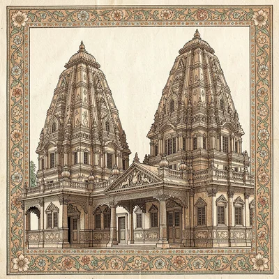 Kalamkari pen illustration, temple towers with intricate architectural details ,