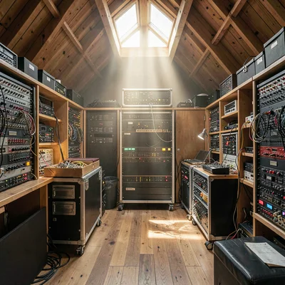 Wide interior of a designer's lair with synth racks and modular cases, raking li