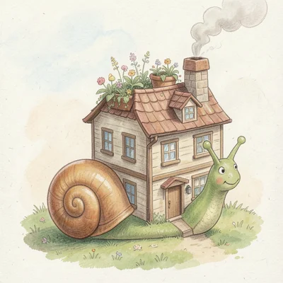 A snail carrying a house that's bigger than usual — a two-story cottage with smo