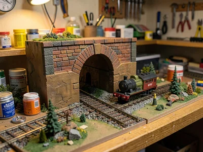 Tunnel portal carved and painted by hand, scale train emerging, the workshop vis