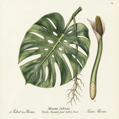 Monstera deliciosa specimen: a single large leaf showing fenestration patterns, 