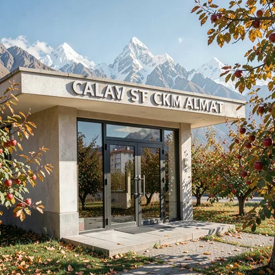 Tian Shan mountains behind Soviet Almaty, Soviet cinema facade with mountain ref