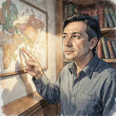 Portrait of a tutor pointing thoughtfully at a wall-mounted map, soft bokeh on s