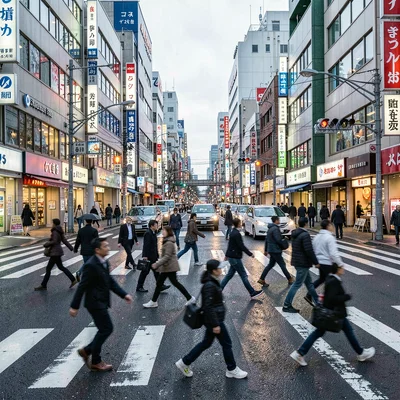 A Tokyo intersection at rush hour, pedestrians crossing creating organic flow pa