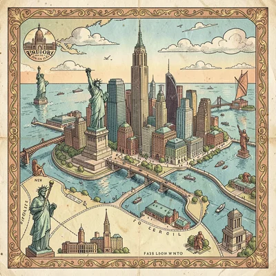 Illustrated map illustration, New York City with statue of liberty and skyscrape