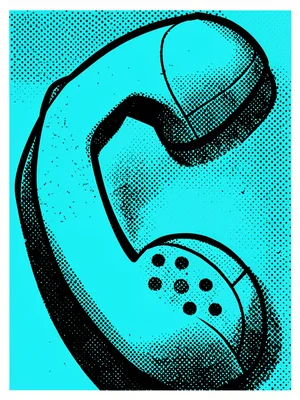 Telephone handset close-up, flat turquoise, bold black outline, halftone shadow