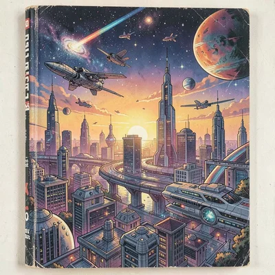 A futuristic cityscape at sunset