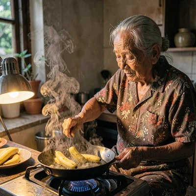A gentle Filipino lolo in his seventies frying bananas in a pan, lamp warmth on 