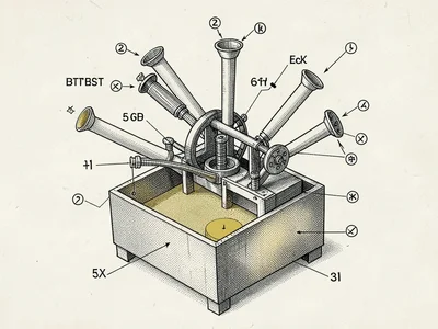 Stipple-shaded blueprint-feel rendering of an imaginary contraption that turns o