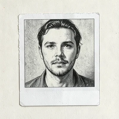 Pen-and-ink evidence study of a torn polaroid with a smudged face, deckle-edged