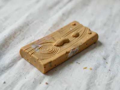Bored ochre wood plank fragment with thumb-pressed knots and fingernail-grain ma