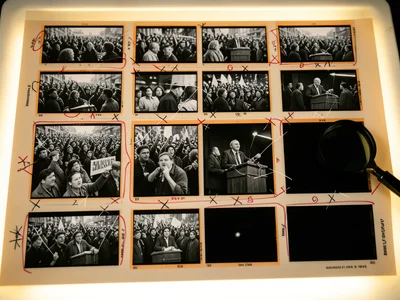 A contact sheet from a photojournalist covering a protest march, black-and-white