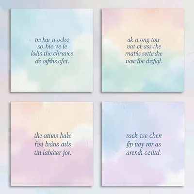 Editorial quote-card series of four pastel paper tiles in a strict 2x2 grid