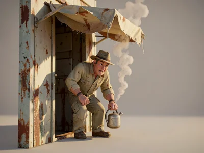 A gas-station-keeper leans in a doorway with a tin mug, kettle steam curling aga