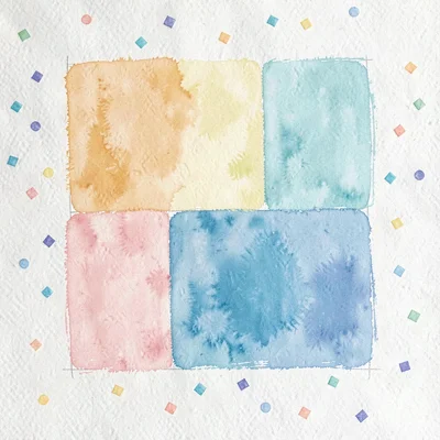 Gouache illustration of a nine-patch quilt block in soft pastels