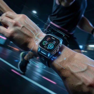 Smart watch on a wrist showing fitness metrics, runner's arm mid-stride, motion 