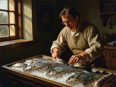 A fishmonger arranging the morning catch on ice, the silvery fish catching light