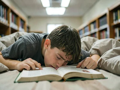 Student waking on textbook, drool spot, library fluorescents, the panic of unint