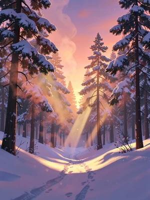 Snowy fir forest at golden hour with shafts cutting through pine smoke, warm cor