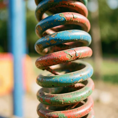 A spring rider's coil spring, paint peeling in layers revealing previous colors 