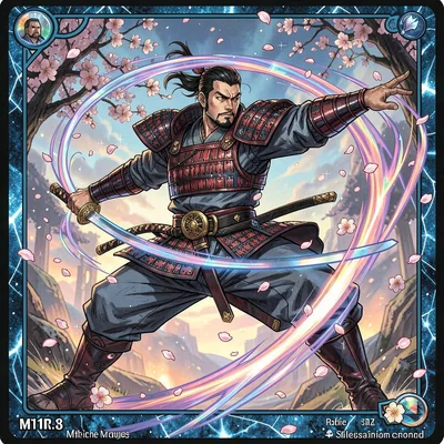 Trading card game illustration, a samurai warrior mid-strike with katana trailin
