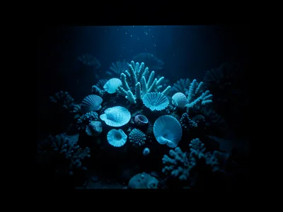 Lumen print of summer seashells and coral on photo paper, deep cyan result