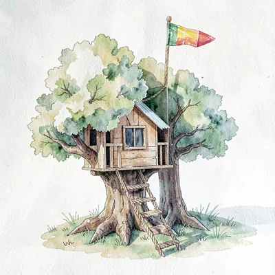 A pop-up paper treehouse with torn-paper rope ladder and crayon flag at the peak