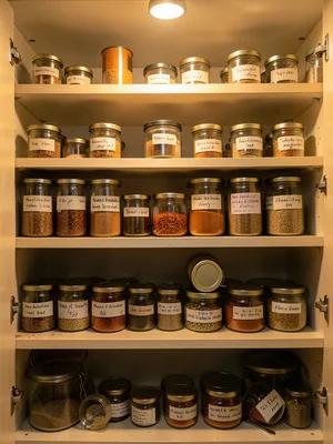 The interior of a well-stocked spice cabinet viewed straight-on, three narrow sh