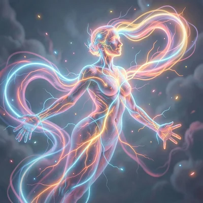Neural network style illustration, figure with flowing energy , diffusion model 
