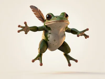 Mossy frog-elder mid-hop suspended at the apex with limbs splayed gently, single