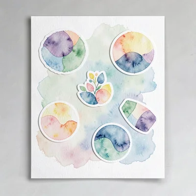A sticker-sheet promotional flyer mockup with abstract sticker designs printed o